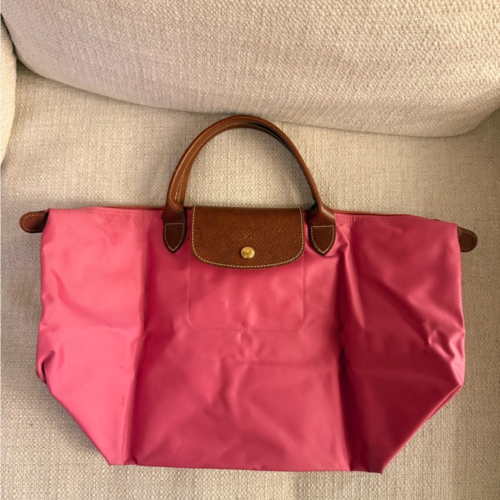 Longchamp Pink Tote with Brown Handles
